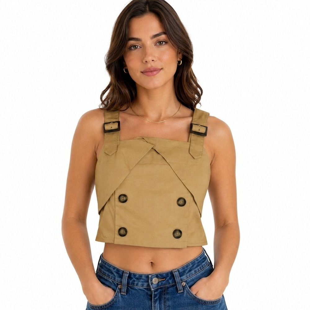 Eva Franco Anthropologie Crop Top 10 Light Sand Double Breasted Buckle CP10226AN
